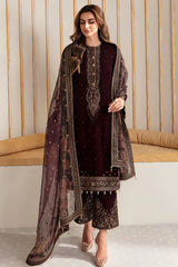 BN902-Winter Velvet Unstitched 3PCs Embroidered Dress With Organza Dupatta
