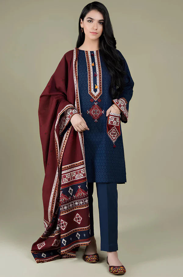 BN522-WINTER 3PC Linen Embroidered suit with Embroidered Shawll