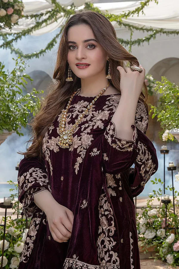 BN403-Embroidered Velvet Three piece With Velvet Shawl Winter Collection